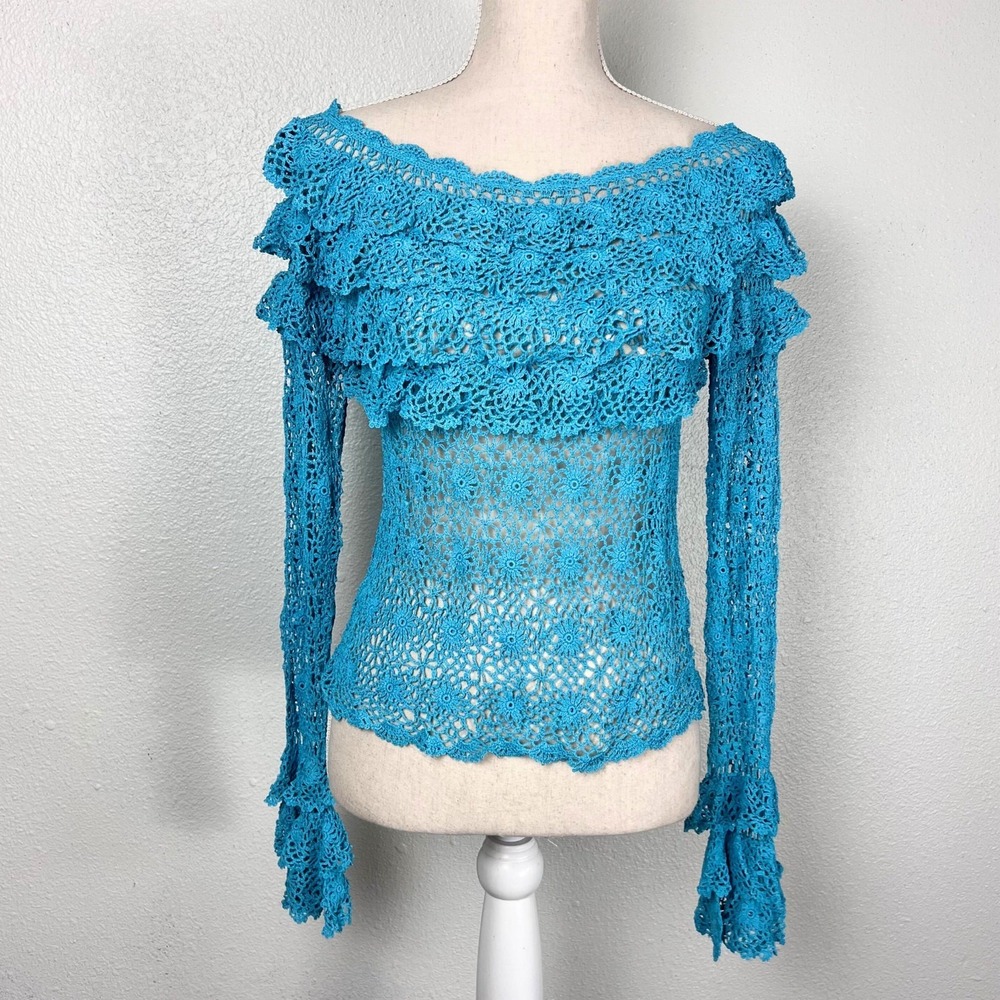 Lipsy London Turquoise Crochet Lace Off Shoulder Long Sleeve Top UK 14 Y2K Boho